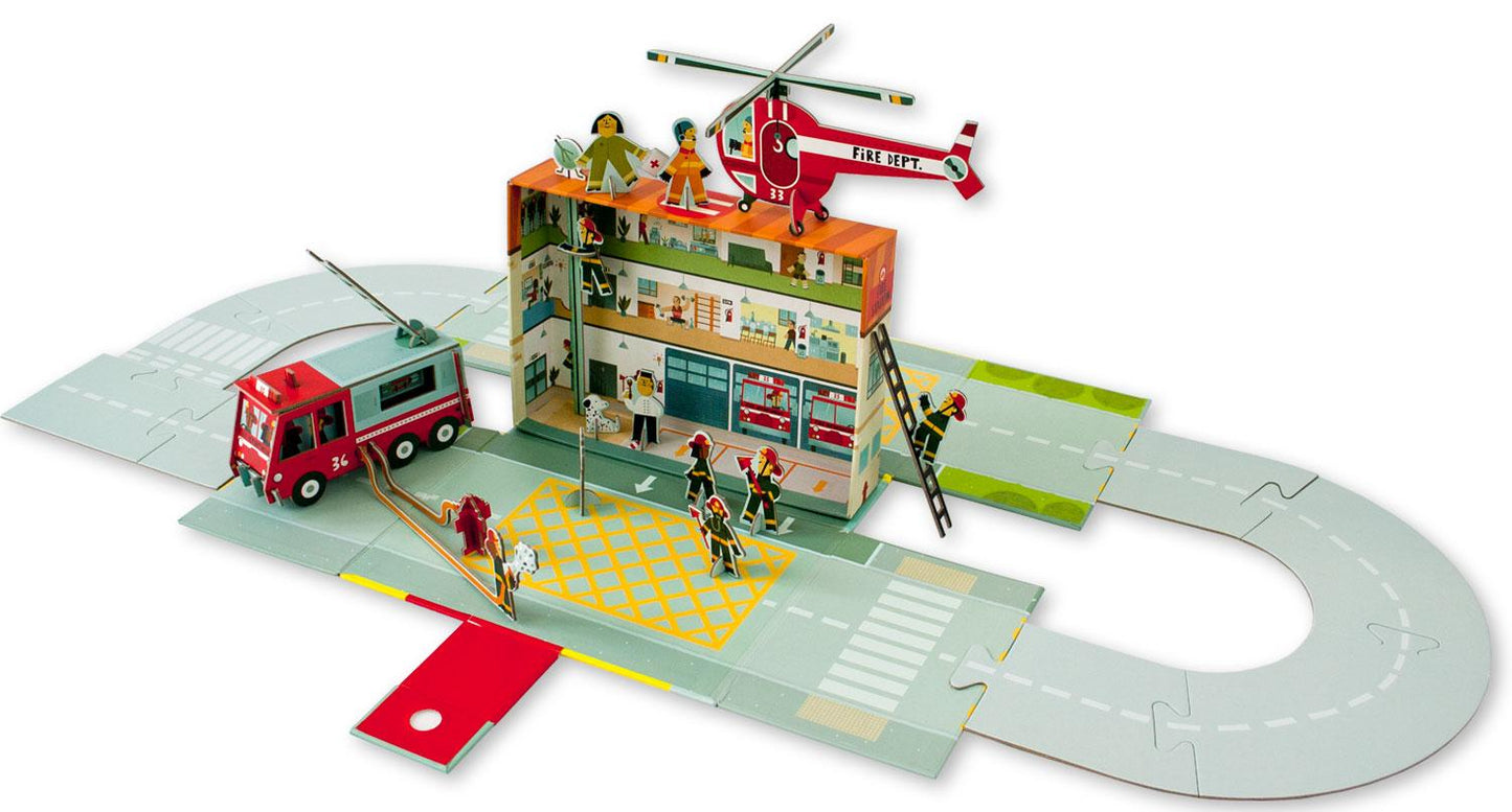 La stazione dei pompieri. La squadra di soccorso entra in azione! Contiene: libro di 32 pagine, stazione-scenario, modellini da staccare e assemblare