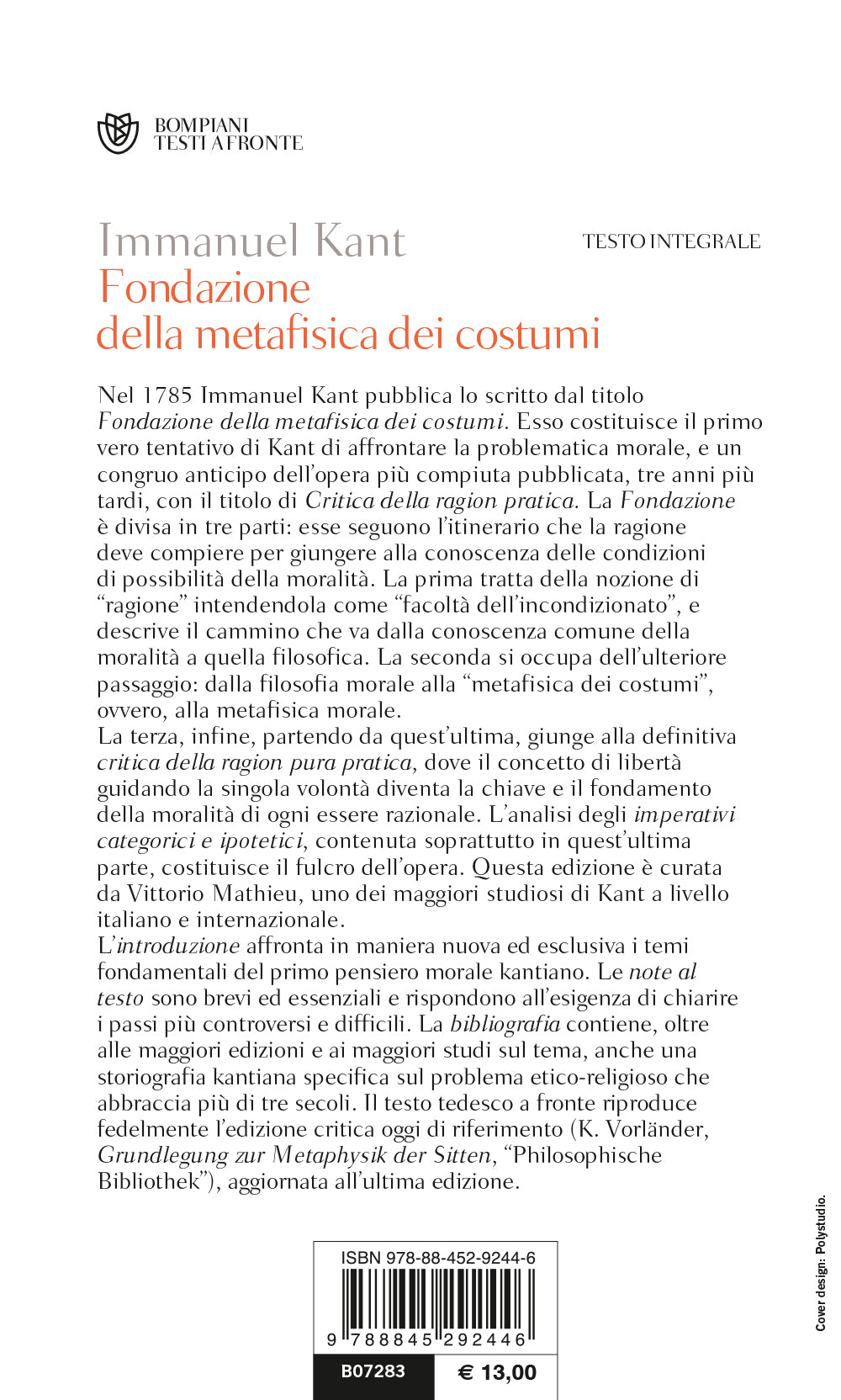 Fondazione della metafisica dei costumi. Testo tedesco a fronte